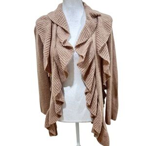 Etcetera Tan Ruffle open front Cardigan Sweater alpaca wool longline size small